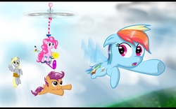 Size: 1680x1050 | Tagged: dead source, safe, artist:hereticofdune, derpy hooves, pinkie pie, rainbow dash, scootaloo, pegasus, pony, g4, female, helicopter, mare, scootaloo can fly