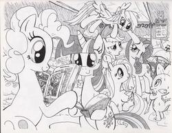 Size: 1638x1264 | Tagged: safe, artist:lumdrop, applejack, fluttershy, pinkie pie, rainbow dash, rarity, spike, twilight sparkle, dragon, earth pony, pegasus, pony, unicorn, g4, book, bus stop, comic book, mane seven, mane six, rain