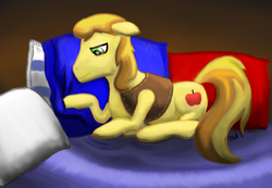 Size: 1065x737 | Tagged: safe, artist:bhiggo, braeburn, earth pony, pony, g4, bed, comfy, cute, floppy ears, lidded eyes, male, pillow, prone, sleepy, smiling, solo, stallion