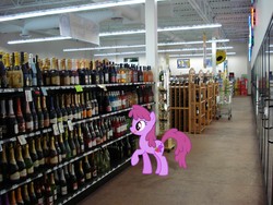 Size: 3072x2304 | Tagged: safe, artist:mumepr, berry punch, berryshine, earth pony, pony, g4, background pony, female, high res, irl, licking, licking lips, liquor store, mare, photo, ponies in real life, raised hoof, supermarket, that pony sure does love alcohol, tongue out, vector, wine, wine bottle