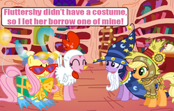 Size: 792x504 | Tagged: safe, artist:death-driver-5000, applejack, fluttershy, pinkie pie, twilight sparkle, g4, clothes, costume, nightmare night, nightmare night costume, star swirl the bearded costume