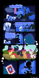 Size: 918x1824 | Tagged: safe, artist:dotrook, apple bloom, scootaloo, sweetie belle, oc, oc:nyx, oc:spell nexus, fanfic:past sins, g4, armor, book, cape, clothes, cmc cape, comic, crying, cutie mark crusaders, feels, hairband, headband, kazoo, memories, musical instrument, night stone castle, nightmare eyes, nightmare nyx, no cutie marks yet, sad, two sides, vest