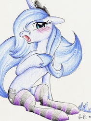 Size: 418x552 | Tagged: safe, artist:prettypinkpony, princess luna, pony, g4, blushing, clothes, female, sitting, solo, stockings, traditional art