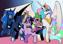 Size: 1286x900 | Tagged: safe, artist:soxtin, princess celestia, princess luna, spike, twilight sparkle, alicorn, dragon, pony, unicorn, g4, horn