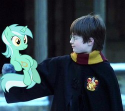 Size: 580x516 | Tagged: safe, edit, lyra heartstrings, human, pony, unicorn, g4, crossover, daniel radcliffe, female, harry potter, harry potter (series), irl, irl human, male, mare, photo, shoulder pony, sitting, sitting lyra