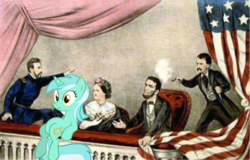 Size: 578x369 | Tagged: safe, lyra heartstrings, g4, abraham lincoln, american presidents, assassination, henry rathbone, john wilkes booth, lincoln assassination, mary lincoln, painting, sitting, sitting lyra