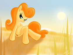 Size: 800x600 | Tagged: safe, artist:dtz-alien, carrot top, golden harvest, earth pony, pony, g4, bedroom eyes, female, grass, looking at you, sitting, solo, sun