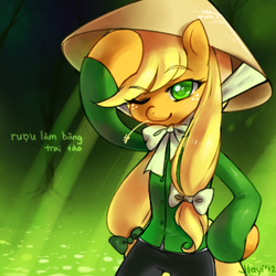 Size: 300x300 | Tagged: safe, artist:jiayi, applejack, earth pony, semi-anthro, g4, ao ba ba, asian conical hat, bow, cute, female, green background, hat, jackabetes, light rays, lime background, one eye closed, pixiv, simple background, solo, vietnam, vietnamese, wink