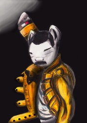 Size: 2416x3392 | Tagged: safe, artist:1vladislav, bipedal, bondage, closed mouth, ears up, eyes closed, facial hair, freddie mercury, moustache, ponified, raised hoof, solo, straitjacket