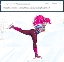 Size: 1000x968 | Tagged: safe, artist:glasmond, pinkie pie, human, ask human pinkie pie, g4, active stretch, humanized, ice, ice skating, skating