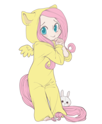 Size: 600x727 | Tagged: safe, artist:qeius, fluttershy, human, rabbit, g4, chibi, clothes, colored pupils, costume, cute, female, humanized, inception, kigurumi, looking at you, onesie, pajamas, plushie, shyabetes, simple background, solo, transparent background, younger