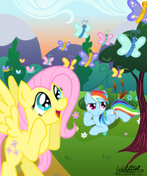 Size: 1280x1536 | Tagged: safe, artist:wildtiel, fluttershy, rainbow dash, butterfly, pegasus, pony, g4, female, mare, tree