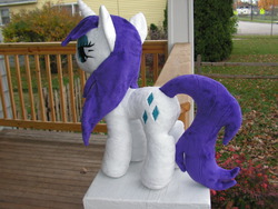 Size: 1600x1200 | Tagged: safe, artist:karasunezumi, rarity, pony, unicorn, g4, horn, irl, outdoors, photo, plushie, solo