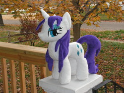 Size: 1600x1200 | Tagged: safe, artist:karasunezumi, rarity, pony, unicorn, g4, horn, irl, outdoors, photo, plushie, solo