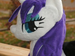 Size: 1600x1200 | Tagged: safe, artist:karasunezumi, rarity, pony, unicorn, g4, horn, irl, outdoors, photo, plushie, solo