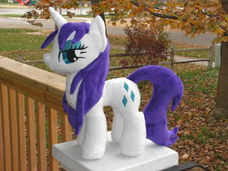 Size: 1600x1200 | Tagged: safe, artist:karasunezumi, rarity, pony, unicorn, g4, horn, irl, outdoors, photo, plushie, solo