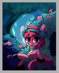 Size: 648x799 | Tagged: safe, artist:haute-claire, ruby pinch, pony, unicorn, ask ruby pinch, g4, ask, clothes, earmuffs, mushroom, scarf, solo, toadstool, tree, tumblr