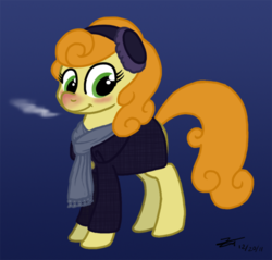 Size: 552x527 | Tagged: safe, artist:zicygomar, carrot top, golden harvest, pony, g4, clothes, coat, earmuffs, female, scarf, solo, winter outfit