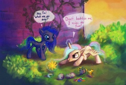 Size: 2062x1396 | Tagged: dead source, safe, artist:nayshie, princess celestia, princess luna, alicorn, pony, g4, cewestia, filly, magic, woona, younger