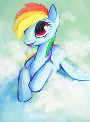 Size: 2454x3340 | Tagged: dead source, safe, artist:nayshie, rainbow dash, pegasus, pony, g4, cloud, cute, dashabetes, female, lying down, mare, on a cloud, open mouth, open smile, prone, signature, smiling, solo, wings