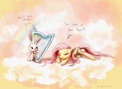 Size: 3506x2574 | Tagged: dead source, safe, artist:nayshie, angel bunny, fluttershy, pegasus, pony, rabbit, g4, angel bunny is not amused, angelic bunny, angry, animal, cloud, duo, eyes closed, female, frown, grin, halo, harp, heaven, high res, male, mare, musical instrument, on a cloud, smiling, thought bubble