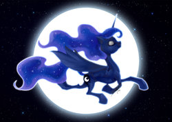 Size: 1024x724 | Tagged: safe, artist:ladyamaltea, princess luna, pony, g4, backlighting, female, flying, moon, solo