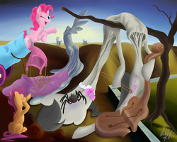 Size: 1250x1000 | Tagged: safe, artist:mylittlebadzerg, applejack, octavia melody, pinkie pie, scootaloo, twilight sparkle, earth pony, pegasus, pony, spider, g4, cannon, cello, eyes closed, fine art parody, musical instrument, parody, party cannon, pony cannonball, salvador dalí, surreal, the persistence of memory, tree
