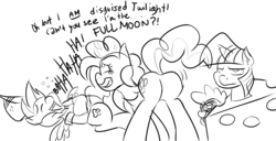 Size: 1280x653 | Tagged: safe, artist:sweethd, daring do, pinkie pie, rainbow dash, spike, twilight sparkle, earth pony, pegasus, pony, g4, butt, cheese, female, laughing, mare, monochrome, nightmare night, plot, sketch