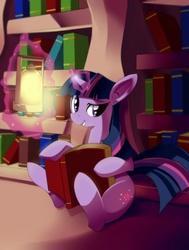 Size: 2137x2826 | Tagged: safe, artist:freedomthai, twilight sparkle, pony, g4, book, female, golden oaks library, lantern, library, magic, solo