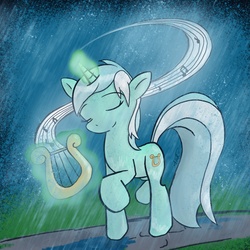 Size: 1020x1020 | Tagged: dead source, safe, artist:adamrbi, lyra heartstrings, pony, g4, female, lyre, magic, music, music notes, rain, solo, telekinesis