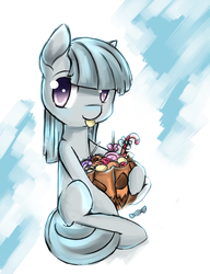 Size: 662x861 | Tagged: dead source, safe, artist:inkytophat, marble pie, earth pony, pony, g4, candy, female, pumpkin bucket, solo, tongue out