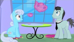 Size: 720x415 | Tagged: safe, screencap, bruce mane, linky, shoeshine, earth pony, pony, g4, season 3, the crystal empire, background pony, cup, female, levitation, magic, magic aura, male, mare, necktie, pillow, saucer, stallion, teacup, teapot, telekinesis