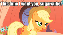 Size: 1280x713 | Tagged: safe, edit, edited screencap, screencap, applejack, earth pony, pony, g4, bedroom eyes, caption, female, image macro, mare, roleplay in the comments