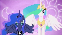 Size: 720x415 | Tagged: safe, screencap, princess celestia, princess luna, alicorn, pony, g4, season 3, the crystal empire, alicorn wings, duo, duo female, feathered wings, female, mare, partially open wings, royal sisters, siblings, sisters, wings