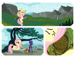 Size: 1024x791 | Tagged: safe, artist:janeesper, fluttershy, pegasus, pony, g4, ansel adams, camera, food, hat, mountain, pinecone, sandwich, scenery, tree