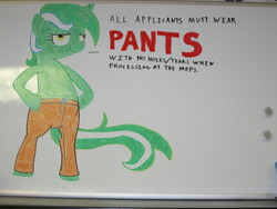 Size: 4000x3000 | Tagged: safe, artist:nyase, lyra heartstrings, pony, unicorn, g4, annoy your co-worker, bipedal, clothes, female, hooves on hips, horn, i like pants, mare, pants, photo, smiling, solo, tail, traditional art, whiteboard