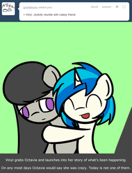 Size: 600x789 | Tagged: safe, artist:erthilo, dj pon-3, octavia melody, vinyl scratch, earth pony, pony, unicorn, ask octavia, g4, ask, female, happy, hug, lesbian, mare, no pupils, ship:scratchtavia, shipping, tumblr