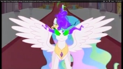 Size: 1366x768 | Tagged: safe, edit, edited screencap, screencap, princess celestia, alicorn, pony, g4, the crystal empire, corrupted celestia, dark magic, ethereal mane, female, jewelry, mare, peytral, solo, sombra eyes, tiara, youtube link