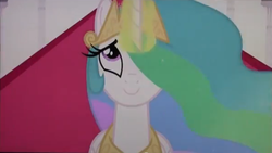 Size: 597x336 | Tagged: safe, screencap, princess celestia, pony, g4, season 3, the crystal empire, female, happy, looking up, smiling, solo