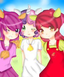 Size: 1024x1229 | Tagged: safe, artist:sparkle-puff-desu, apple bloom, scootaloo, sweetie belle, human, g4, cutie mark crusaders, eared humanization, horn, horned humanization, humanized, winged humanization