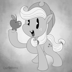 Size: 800x800 | Tagged: safe, artist:girgrunny, applejack, g4, apple, black and white cartoon, monochrome, obligatory apple, old timey