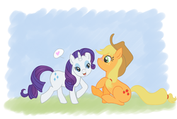 Size: 900x607 | Tagged: safe, artist:lusikka, applejack, rarity, g4, blushing, female, lesbian, ship:rarijack, shipping