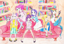 Size: 900x616 | Tagged: safe, artist:jess93, applejack, fluttershy, pinkie pie, rainbow dash, spike, twilight sparkle, human, g4, clothes, converse, dress, humanized, mane seven, shoes, skirt