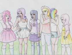 Size: 900x692 | Tagged: safe, artist:chronicallyzee, applejack, fluttershy, pinkie pie, rainbow dash, rarity, twilight sparkle, human, g4, clothes, dark skin, humanized, skirt