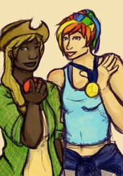 Size: 1050x1500 | Tagged: safe, artist:kalidonovan, applejack, rainbow dash, human, g4, apple, clothes, dark skin, duo, food, humanized, light skin, medal, short shirt