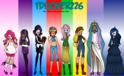 Size: 2185x1333 | Tagged: safe, artist:deadwhitepoltergeist, applejack, fluttershy, pinkie pie, princess celestia, princess luna, rainbow dash, rarity, twilight sparkle, human, g4, belly button, clothes, dark skin, dress, flattershy, humanized, mane six, midriff, side slit, skinny, skirt, sweater, sweatershy, thin