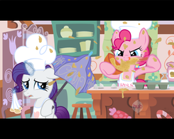 Size: 1280x1024 | Tagged: safe, artist:facelessjr, pinkie pie, rarity, g4, apron, baking, chef's hat, clothes, fake screencap, hat, hub logo, letterboxing, messy
