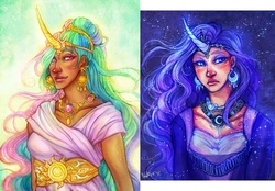 Size: 1295x900 | Tagged: safe, artist:katya-h, princess celestia, princess luna, human, g4, humanized