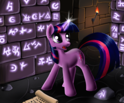 Size: 1300x1074 | Tagged: safe, artist:sirzi, twilight sparkle, pony, unicorn, g4, female, glowing horn, horn, looking up, magic, open mouth, ruins, runes, runes in ruins, scroll, solo, torch, unicorn twilight