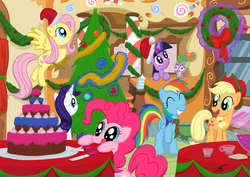 Size: 4212x2976 | Tagged: safe, artist:template93, applejack, fluttershy, pinkie pie, rainbow dash, rarity, spike, twilight sparkle, g4, cake, mane seven, party